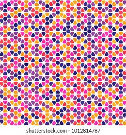 Fuchsia coral yellow blue light plum purple seamless pattern on white. Round triangles and circles flower background. Abstract vector texture for prints, textile, fabric, package, cover, greeting card