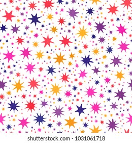Fuchsia, coral, yellow, blue, purple, violet rainbow colors paint blots seamless pattern on white. Abstract vector illustration of Indian festival Holi celebrations with colorful ink splash background
