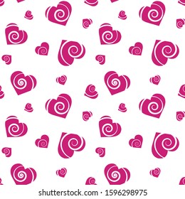 Fuchsia hearts with curl on white background, pattern seamless