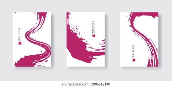 fuchsia ink brush stroke on white background. Japanese style. Vector illustration of grunge wave stains.Vector brushes illustration.