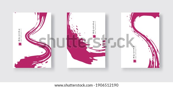 fuchsia ink brush stroke on white\
background. Japanese style. Vector illustration of grunge wave\
stains.Vector brushes\
illustration.