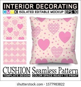 Fuchsia pink hearts. Cushion mockup and seamless pattern to celebrate valentine day. Isolated and editable. CMYK color space ready to print. This pattern can also used for other.