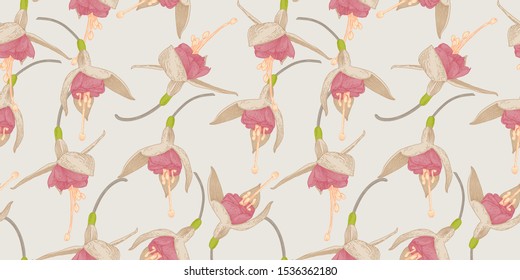 Fuchsia. Seamless floral pattern with tropical flowers. Template design for textiles, interior, clothes, wallpaper. Vector illustration.  Botanical art.  Engraving style
