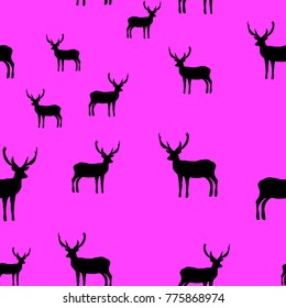 Fuchsia seamless pattern with deer profile silhouettes. Lovely wild animal for posters, prints, design, Christmas, New Year banners, textile, covers, gifts, decor, fabric. Reindeer of Santa Claus.