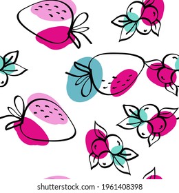Fuchsia and Turquoise Blueberry Vector White Seamless Pattern. Summer Berry Texture. Red and Green Strawberry Drawing Illustration.