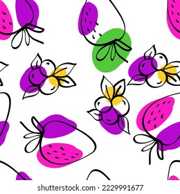 Fuchsia and Turquoise Blueberry Vector White Seamless Pattern. Summer Strawberry Design. Color Berry Line Wallpaper.