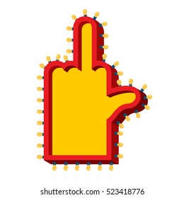 Fuck light pointer with lamps. Off finger Retro fescue hand with luminous bulb. Vintage direction sign. Aggressive gesture Glittering lights