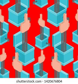 Fuck out of prank box pattern seamless. Funny prize middle finger background. Toy for April Fools Day ornament.