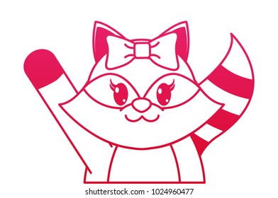 fucsia line adorable female raccoon animal with hand up