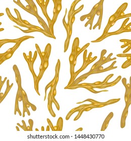 Fucus vesiculosus seamless vector pattern. Bladderwrack Seaweed frame. sea plant. realistic. print template. for textile, web design, food design, health care, cosmetics template text copy space