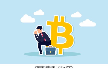 FUD Fear, Uncertainty, Doubt in crypto trading, spreading negative info, concept of The confused investor sits, fear overshadowing the Bitcoin symbol 