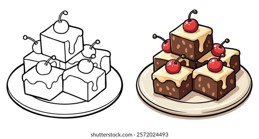 Fudge Line Art Vector Illustration Black and White with Coloring Sample. Bold and Easy Food, Sweets, Drinks, Dessert, and Snacks Coloring Pages for Adults and Kids.