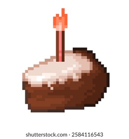 Fudgy chocolate cake brownies black forest piece of cake with white cream on top as the topping and candle for birthday vector pixel art for element, sticker, icon, game