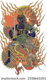 Fudou Myoo reflects the headmaster’s unique style, symbolizing inner strength, protection, and determination. Vivid imagery conveys the power and resilience of this iconic figure.