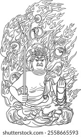 Fudou Myoo reflects the headmaster’s unique style, symbolizing strength, protection, and unwavering determination. Vivid imagery and bold themes convey power, resilience, and spiritual fortitude.