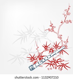 fue flute bamboo japanese vector sketch illustration engraved chinese