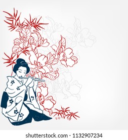 fue flute japanese vector sketch illustration engraved chinese musical instrument kimoni girl play