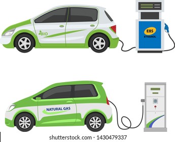 Fuel alternative vehicle vector team-car or gas-truck and solar-van or gasoline electricity station illustration set of bio-ethanol and hydrogen electric-car isolated on white background