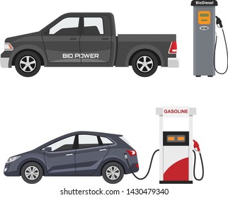 Fuel alternative vehicle vector team-car or gas-truck and solar-van or gasoline electricity station illustration set of bio-ethanol and hydrogen electric-car isolated on white background