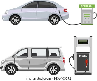 Fuel alternative vehicle vector team-car or gas-truck and solar-van or gasoline electricity station illustration set of bio-ethanol and hydrogen electric-car isolated on white background