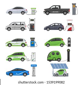 Fuel alternative vehicle vector team-car or gas-truck and solar-van or gasoline electricity station illustration set of bio-ethanol and hydrogen electric-car, isolated on white background