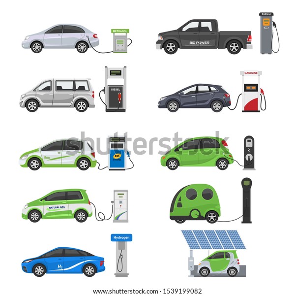 Fuel\
alternative vehicle vector team-car or gas-truck and solar-van or\
gasoline electricity station illustration set of bio-ethanol and\
hydrogen electric-car, isolated on white\
background