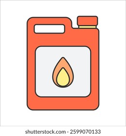 Fuel Can Flat design style, red fuel can with a flame icon, symbolizing liquid fuel for RC vehicles, ideal for automotive, toy racing, and mechanical-themed illustrations.