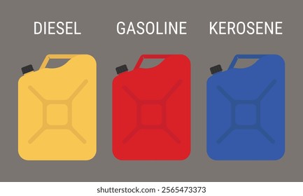 Fuel can set. Fuel container identification: diesel, gasoline, and kerosene