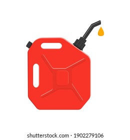 Fuel canister with pouring petrol drop. Leaking gasoline can, petrol container isolated on white background. Vector cartoon illustration.