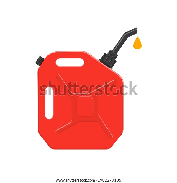 Fuel canister with pouring petrol drop.\
Leaking gasoline can, petrol container isolated on white\
background. Vector cartoon\
illustration.