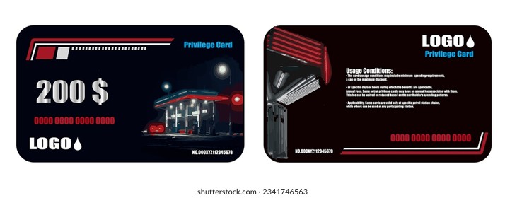 Fuel card concept isolated on background vector illustration, black and red petrol privilege card template.