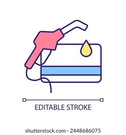 Fuel card RGB color icon. Gas gift card. Petrol expenditure discount. Costs reduce, financial control. Money saving. Isolated vector illustration. Simple filled line drawing. Editable stroke