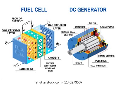 Fuel cell and Dc generator diagram. Vector illustration. Device that converts chemical potential energy into electrical energy. Fuel cell uses hydrogen gas and oxygen gas as fuel.