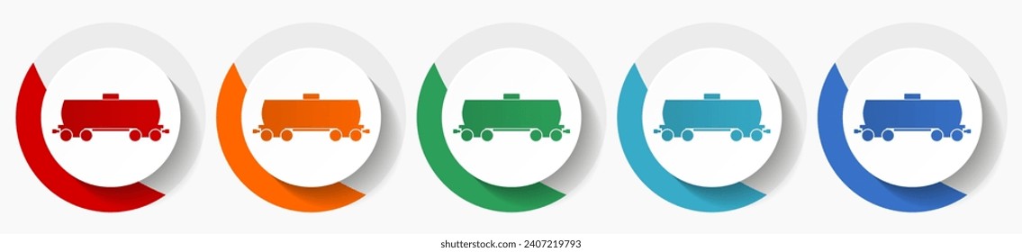 Fuel cistern wagon, train vector icon set, flat icons for logo design, webdesign and mobile applications, colorful round buttons