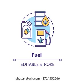 Fuel Concept Icon. Cannabis Based Petrol, Hemp Oil Use Idea Thin Line Illustration. Natural Resource, Organic Product, Biofuel Manufacturing. Vector Isolated Outline RGB Color Drawing. Editable Stroke