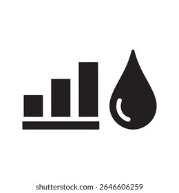 Ícone do gráfico de consumo de combustível com um gráfico de barras e gota de líquido representando a análise de dados de taxa de uso e a medição de eficiência para o ícone de glifo sólido do vetor de óleo ou água