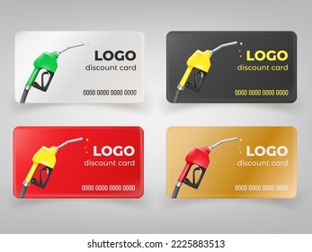 Fuel discount cards. 3d refuel gift coupon, gasoline voucher on free petrol fueling diesel vehicle or auto oil, bank card template of gas station service, tidy vector illustration of fuel discount svg