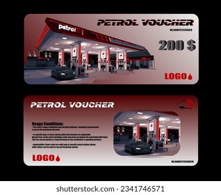 Cupón de tarjetas de descuento de combustible, cupón de gasolina en plantilla de servicio de gasolineras, ilustración vectorial de descuento de combustible. con gasolinera y gasolinera