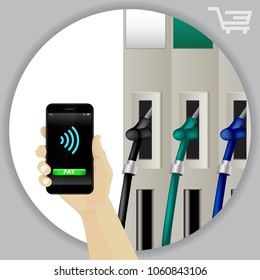 Fuel Dispenser And Fuel Nozzles At A Filling Station To Pump Petrol, Gas, Diesel. Contactless Wireless Phone Payment. Smartphone Pay For Fuel Concept. Petrol Pumps. Vector