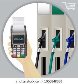 Fuel Dispenser And Fuel Nozzles At A Filling Station To Pump Petrol, Gas, Diesel. Contactless Wireless Payment. Pay For Fuel Concept. Petrol Pumps. POS Terminal. Vector svg
