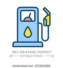 Icono de color de línea perfecta de píxeles del dispensador de combustible. Bomba de gasolinera. Equipamiento de repostaje moderno. Infraestructura vial. Ilustración vectorial aislada. Diseño de símbolo colorido plano. Trazo editable