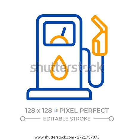 Fuel dispenser pixel perfect two color line icon. Gas station pump. Refueling equipment. Road infrastructure bicolor outline symbol. Duotone linear pictogram. Isolated illustration. Editable stroke