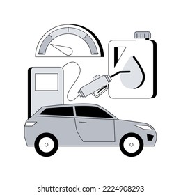 Ilustración vectorial de concepto abstracto de la economía del combustible. kilometraje de gas, ahorro de combustible, motor ecológico eficiente, gasolinera, recarga manual, indicador de indicadores, metáfora abstracta híbrida de coches eléctricos.