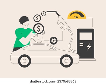 Fuel economy abstract concept vector illustration. Gas mileage, fuel saving, efficient green eco friendly engine, petrol station, hand refill, gage indicator, hybrid electric car abstract metaphor.