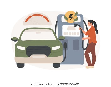 Ilustración de vectores de concepto aislado de la economía del combustible. kilometraje de gas, ahorro de combustible, motor ecológico eficiente, gasolinera, recarga manual, indicador de indicadores, concepto de vector de vehículos eléctricos híbridos.