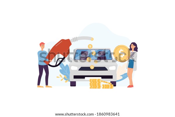 Fuel economy and money saving banner\
template with couple refueling a car at gasoline station, flat\
cartoon vector illustration isolated on white\
background.