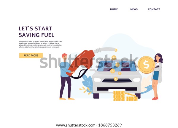 Fuel economy website page template\
with people refueling car and saving money flat vector\
illustration. Web page or landing page with people at gas\
station.
