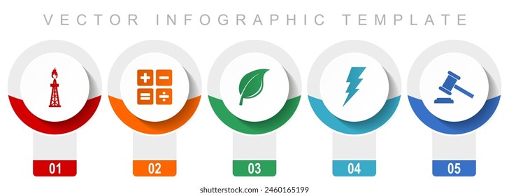 Fuel and energy icon set, miscellaneous vector icons such as oil and gas, calculator, leaf, bolt and auction, modern design infographic template, web buttons in 5 color options