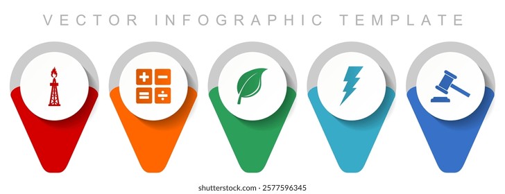 Fuel and energy pointer collection, miscellaneous icons such as oil and gas, calculator, leaf, bolt and auction, flat design vector infographic template in eps 10