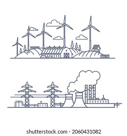 Energía de combustible vs concepto de energía verde. Ilustración vectorial de la energía renovable eléctrica frente a la contaminación fósil. Ilustración vectorial de estilo de contorno en fondo blanco.